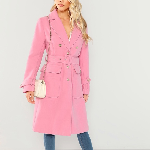 Jackets & Blazers - Pink belted coat gold buttons